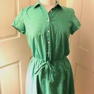 J CREW Mercantile Kelly Green Cotton Eyelet Lace Lined Shirt Dress w Tie Sz SM